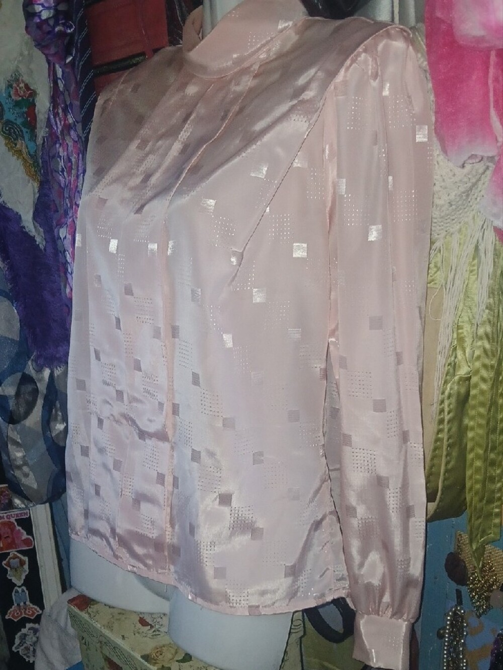 jonathan martin 80s Vintage Light Pink Satin Blouse with Subtle Geometric Shine - Picture 2 of 8
